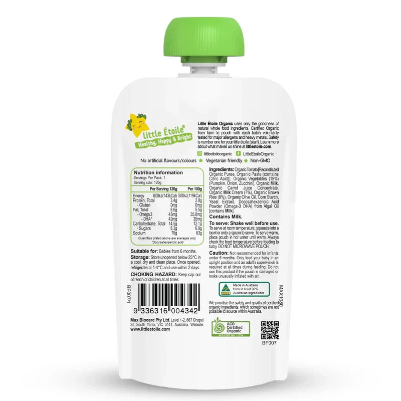 Organic Creamy Risotto, Vegetables & Brown Rice with DHA – 6+ Months, 120g